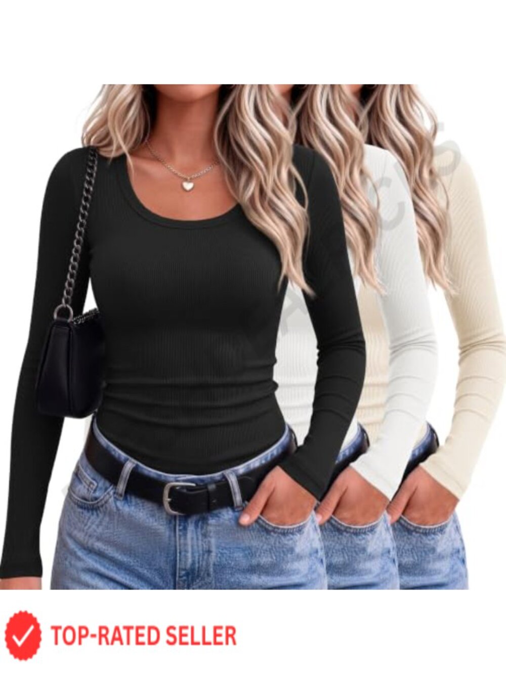 Women's Long Sleeve Scoop Neck Ribbed Shirts 3-Pack Fitted Tops